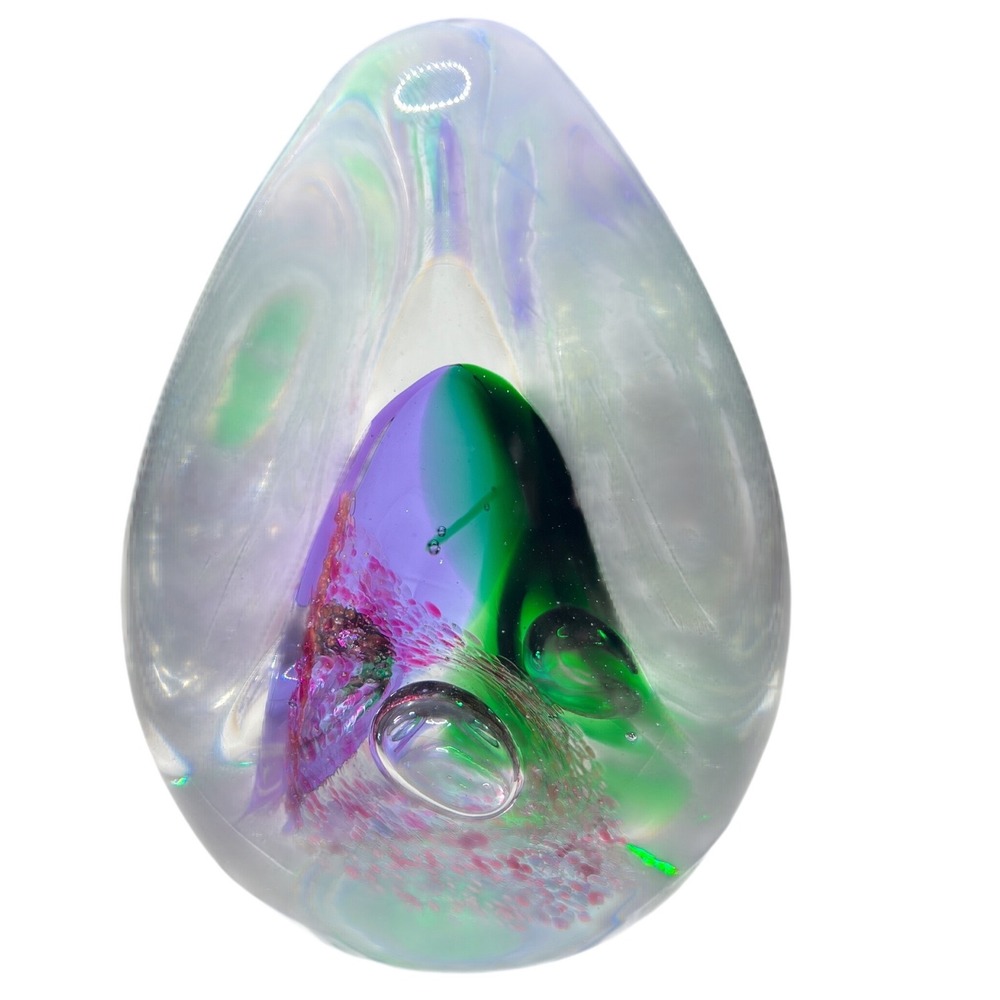 Art Glass Paperweight Green Purple Pink Controlled Bubble Egg Teardrop‎ Dopamine